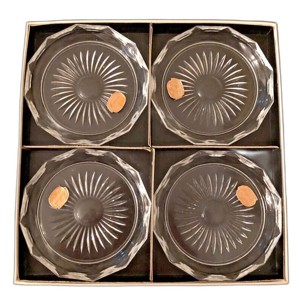 VTG MCM Bohemia Czech Cut Glass Crystal Coasters Sunburst Set of 4 New Gift Box